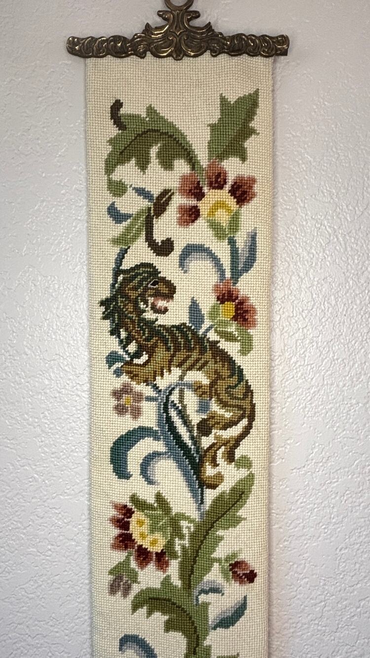 Vtg Mid-Century Tiger Needlepoint Bell Pull Tapestry Wall Art